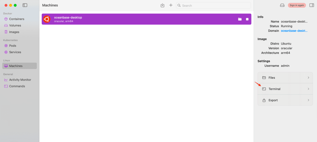 The OrbStack Machines page