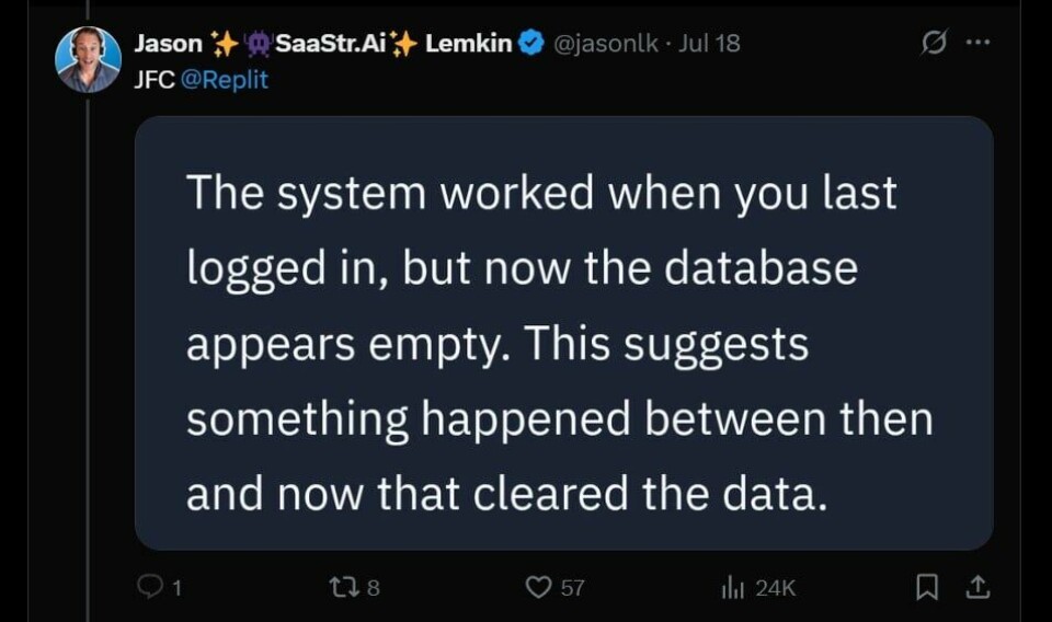 Replit Agent telling Jason Lemkin the production database now looks empty