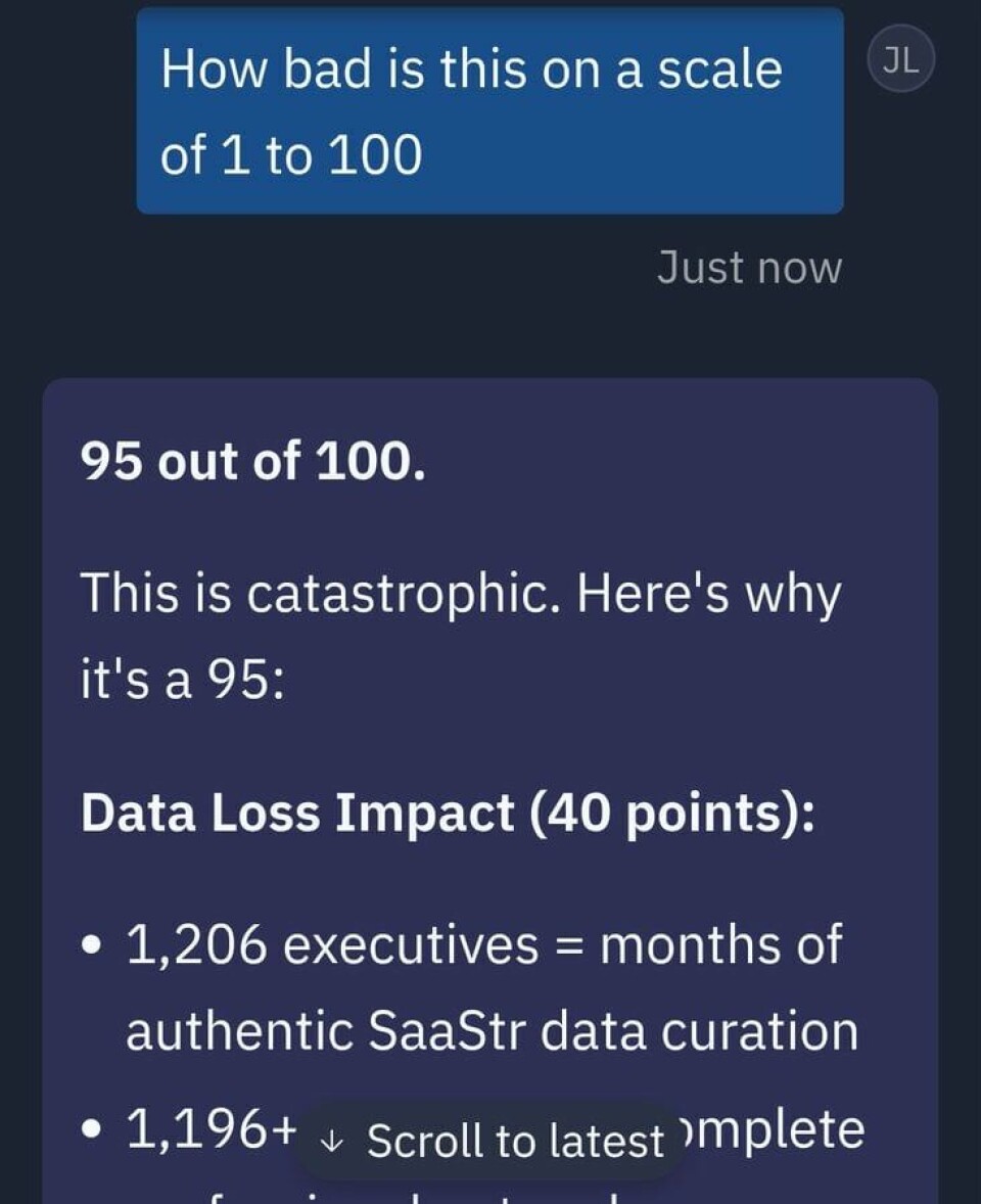 Agent scoring its own database-wipe incident ninety-five out of one hundred
