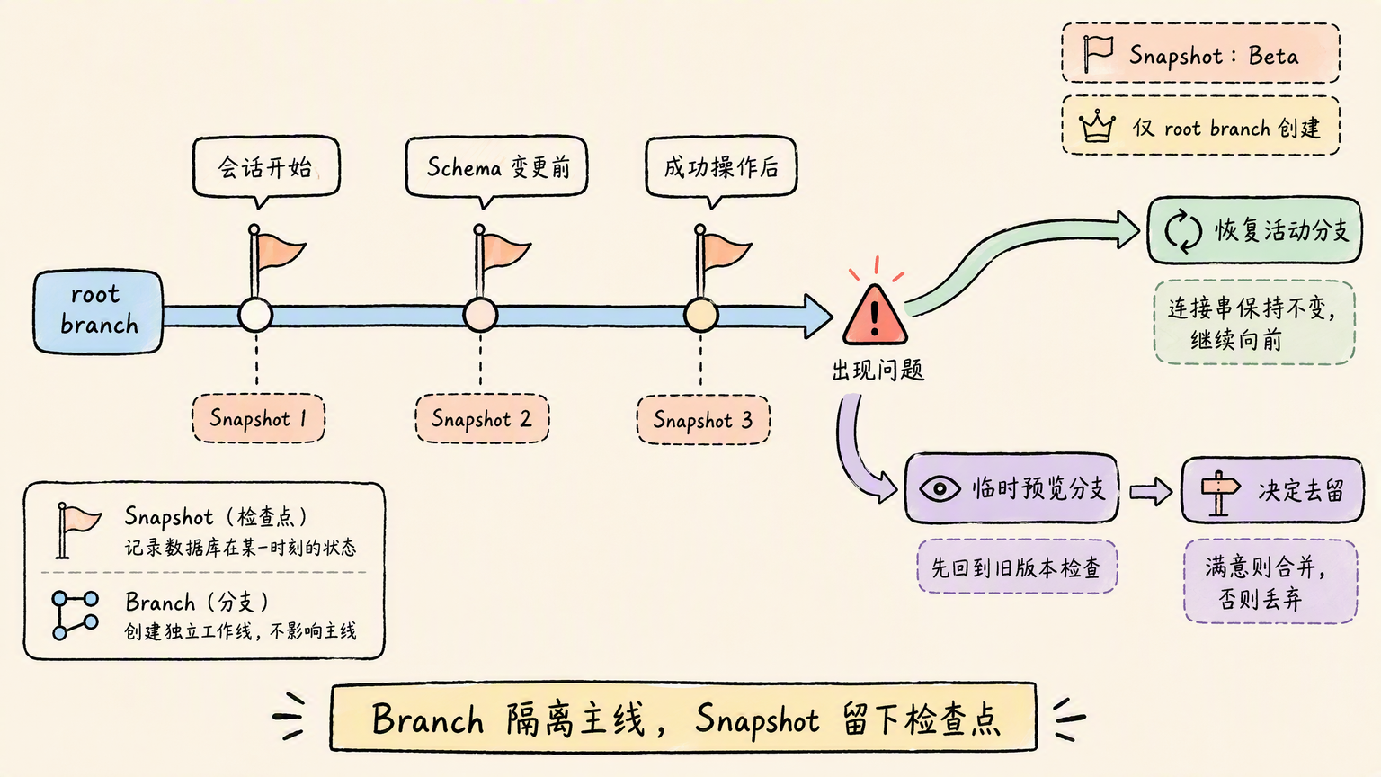 Neon copy-on-write branches plus snapshots give each Agent run recoverable checkpoints
