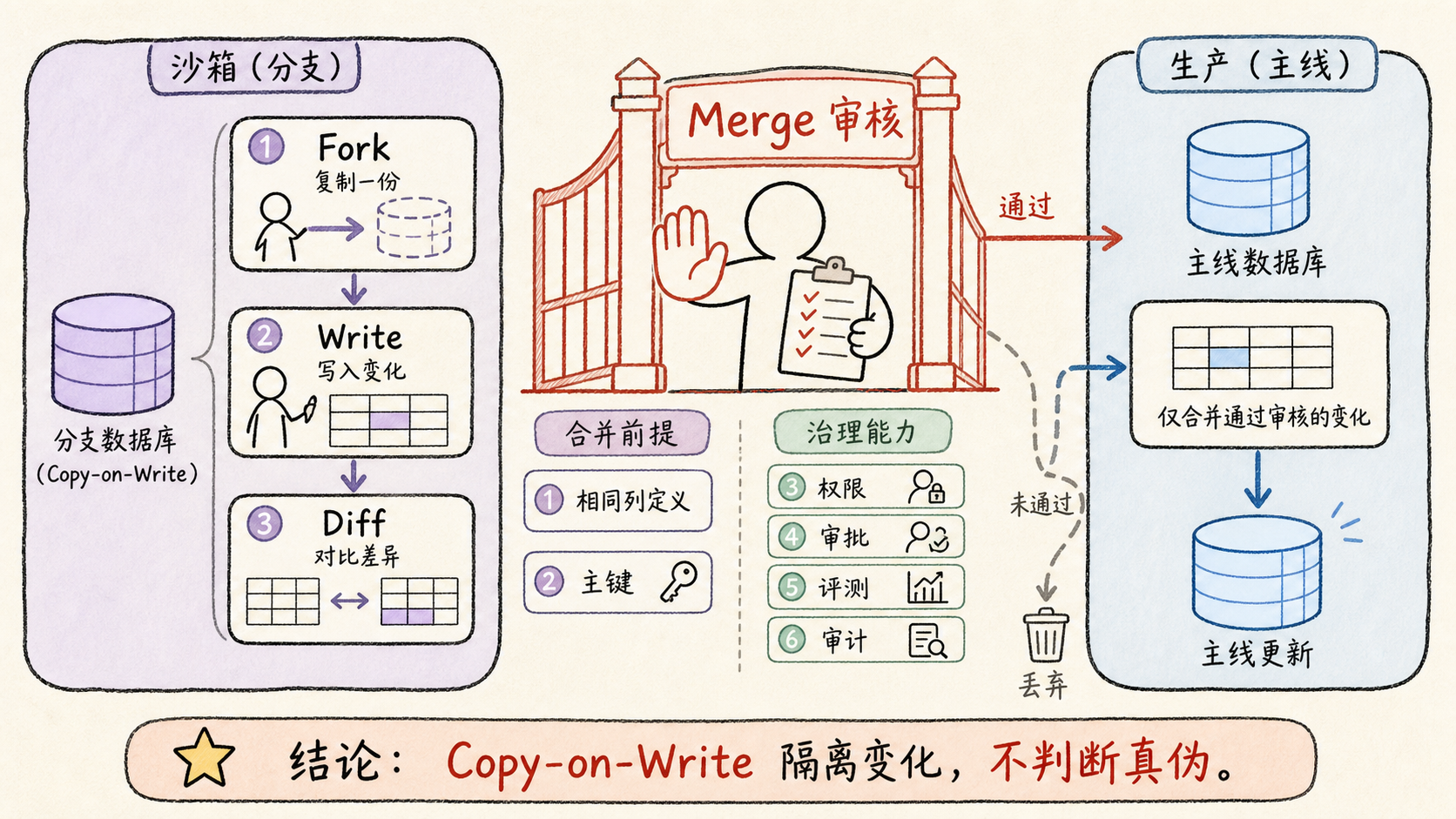 Branch isolates change but merge still needs rules humans permissions and audit