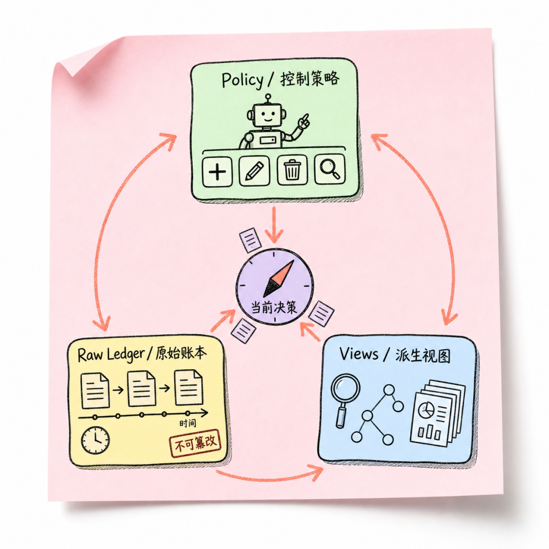 Three-part Memory OS abstraction of Raw Ledger, Views, and Policy