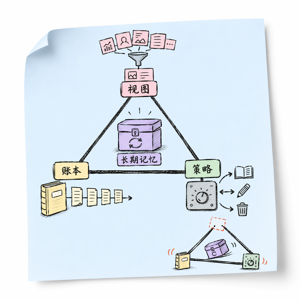 Minimal Memory closure showing Ledger, derived Views, and Policy
