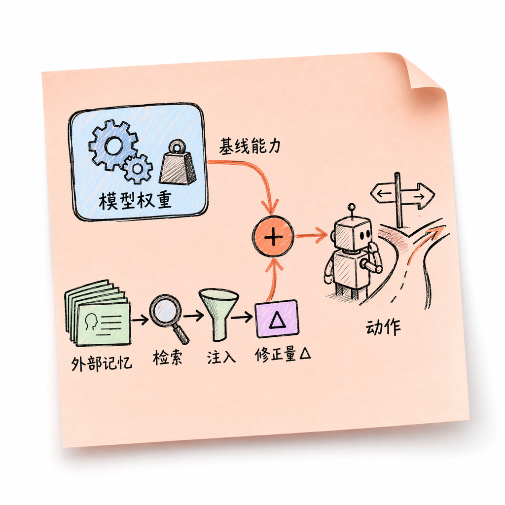Moving online adaptation from model weights onto external memory and policy
