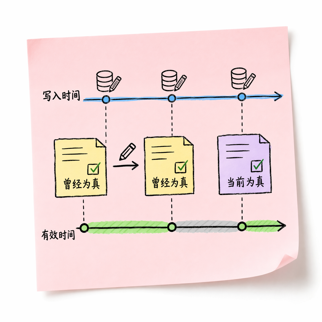 Bi-temporal ledger and time-sliced recall across Ledger, Views, and Policy