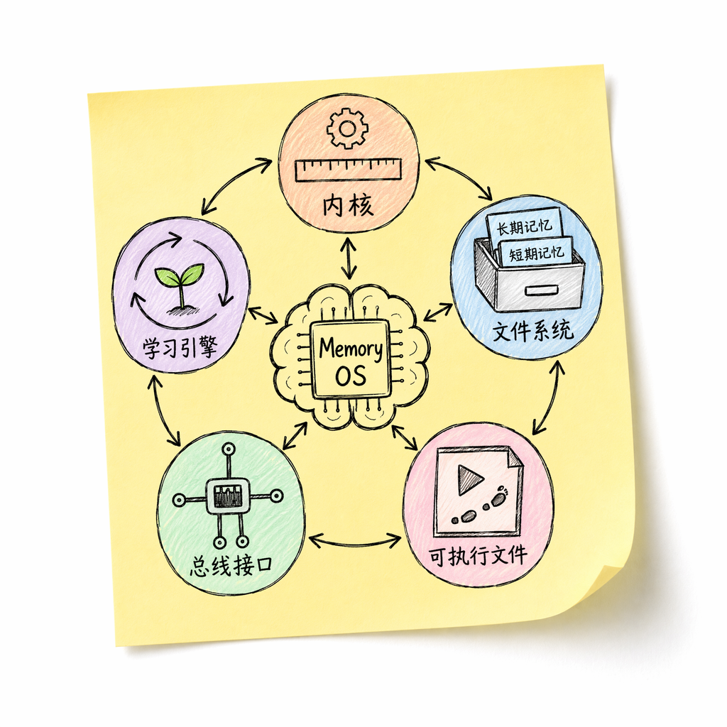 Five-part Memory OS of kernel, file system, executables, bus, and learning engine