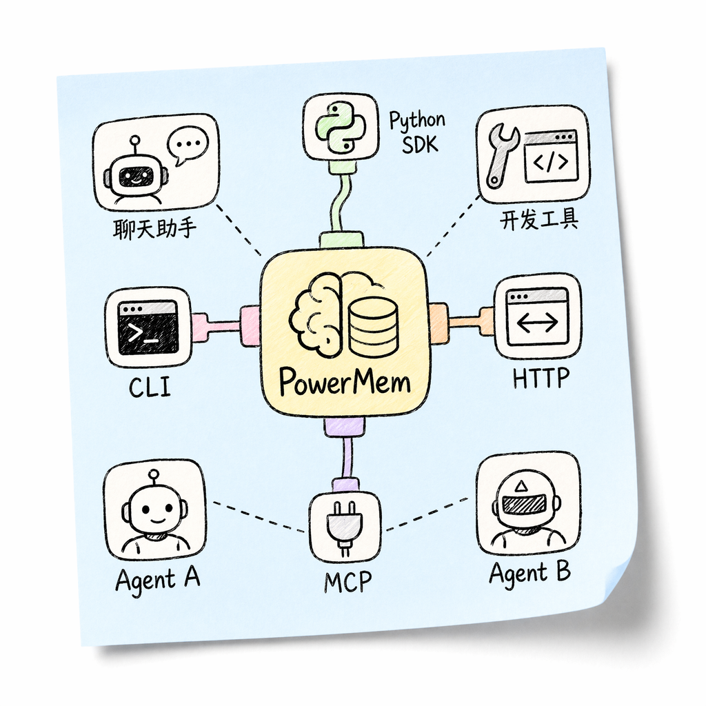 PowerMem Python SDK, HTTP, MCP, and CLI sharing one memory backend