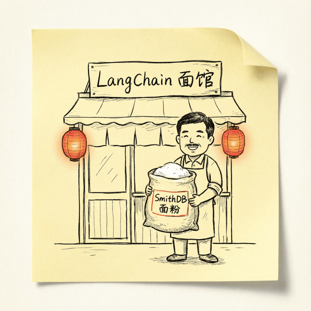 Illustration of LangChain building the SmithDB distributed database from scratch