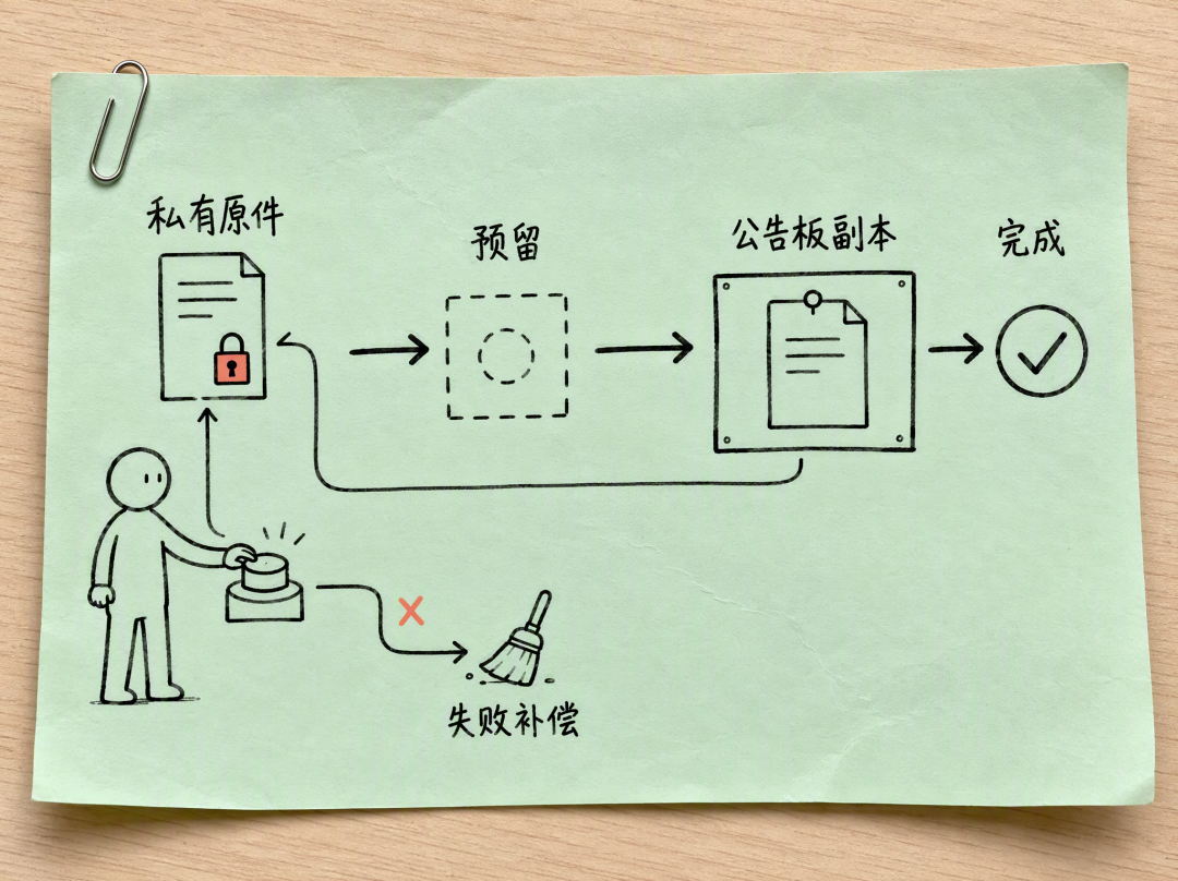 Saga-style pending-to-ready publish flow that keeps bulletin-board copies idempotent