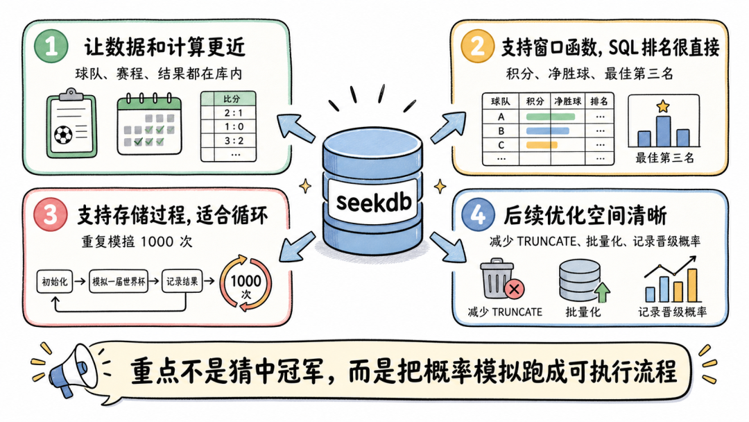 seekdb World Cup Monte Carlo project architecture and data-flow summary diagram