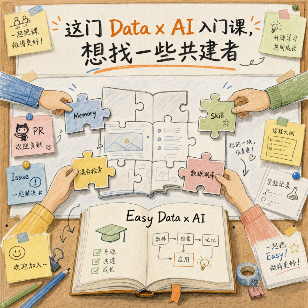 Illustrated Easy Data x AI poster inviting community co-builders to assemble the course together
