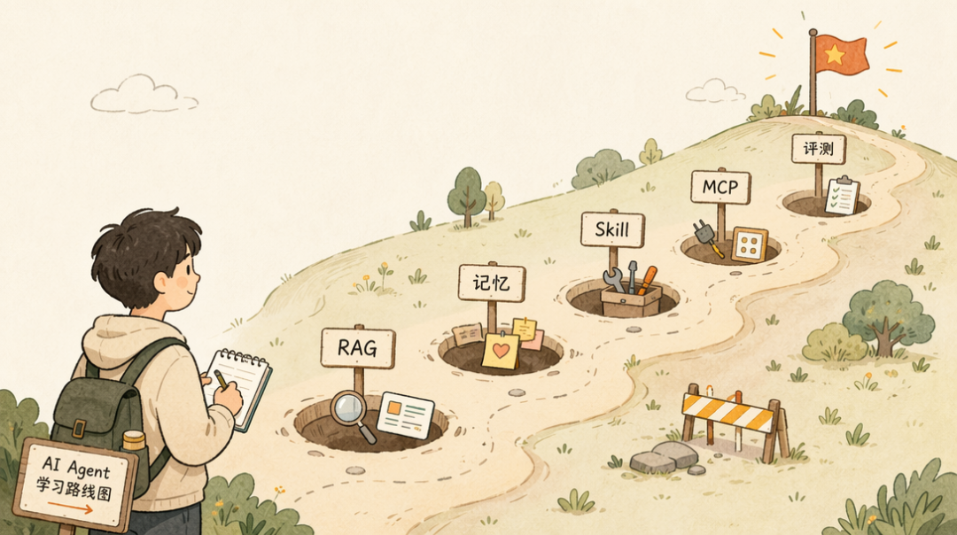 AI Agent learning roadmap from RAG and memory through skills, MCP, and testing